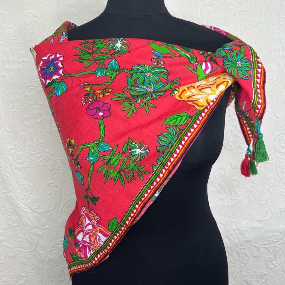 Max Tropical Red Tropical Floral Birds Corner Tassel Scarf